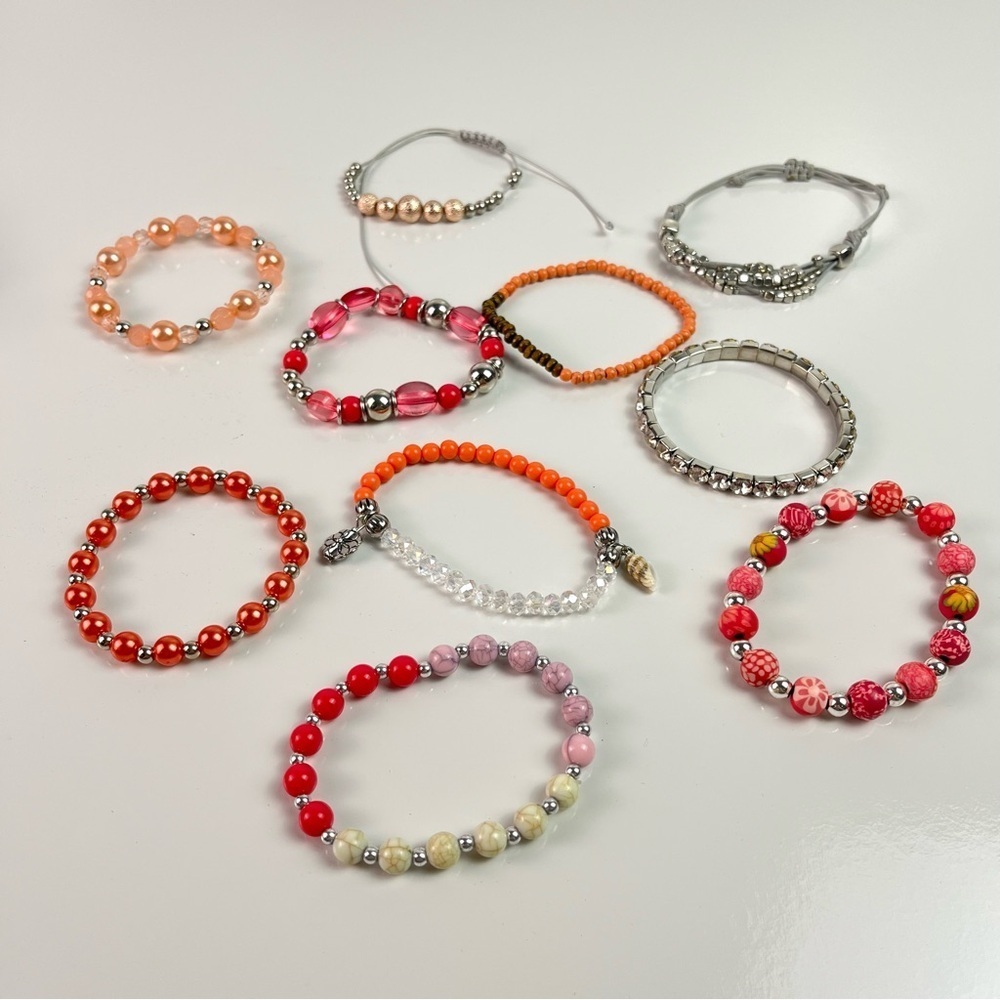 Lot of 10 Pink Red Coral Multicolor Bracelets- Rhinestones Beads Costume